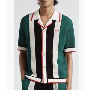 Casablanca Men Stripe Open Knit Mesh Camp Shirt M Green White Black Medium NWT